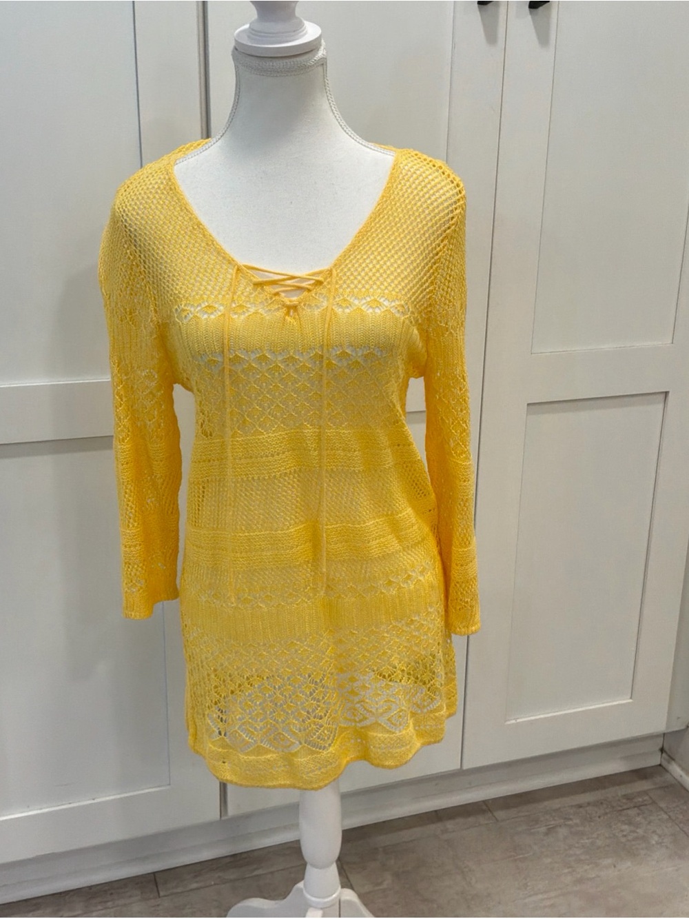 NWT Chicos Crochet Sweater Yellow Tunic Cover Up Knit Boho Lace Up Medium M 1